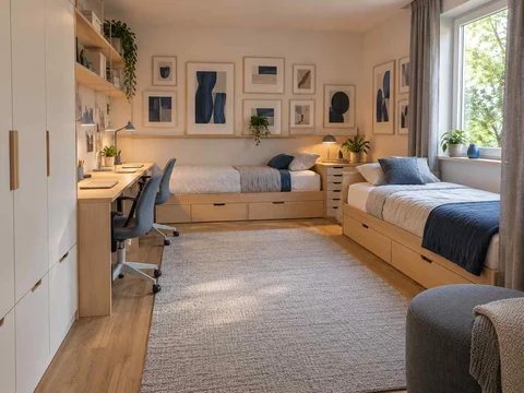 AI concept of a shared bedroom with two sleeping areas and study furniture, with framed wall art and blue accents