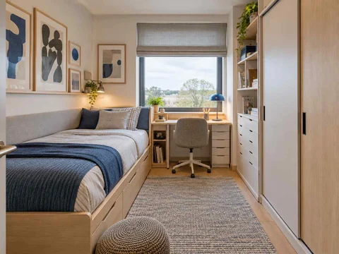 AI concept of a small bedroom with a bed, study furniture and integrated storage, with framed wall art and blue accents