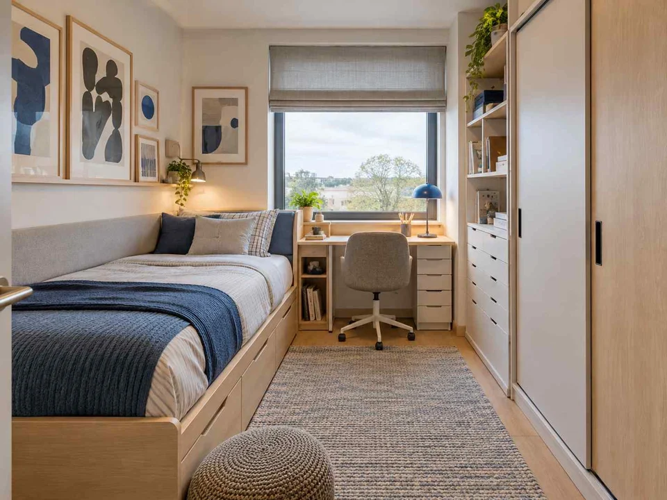 AI concept of a small bedroom with a bed, study furniture and integrated storage, with framed wall art and blue accents