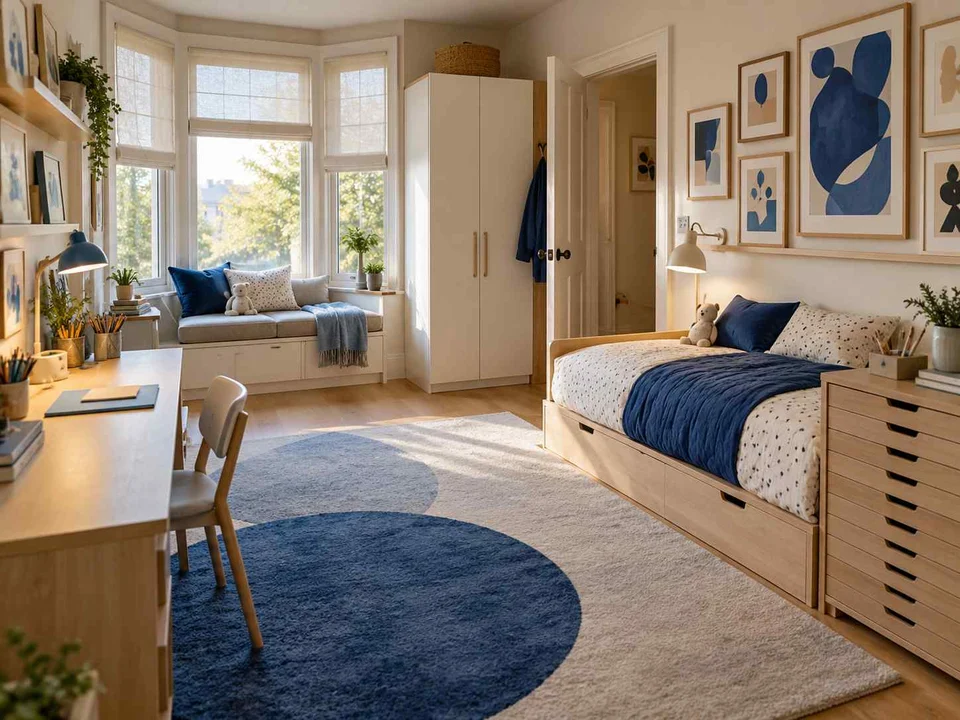 AI concept of a bedroom with a window-side seating area, with framed wall art and blue accents