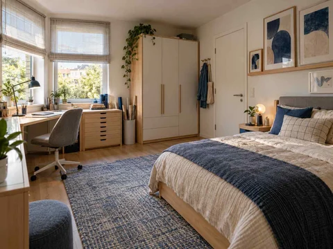 AI concept of a bedroom with a desk positioned near a window, with framed wall art and blue accents