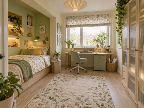 AI concept of a bedroom with a recessed sleeping area and a separate desk, with green accents, foliage and pale cabinetry
