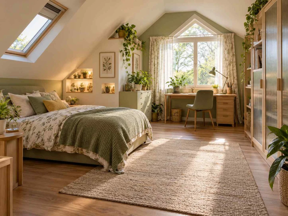 AI concept of a bedroom beneath a sloping ceiling with a bed and desk, with green accents, foliage and pale cabinetry