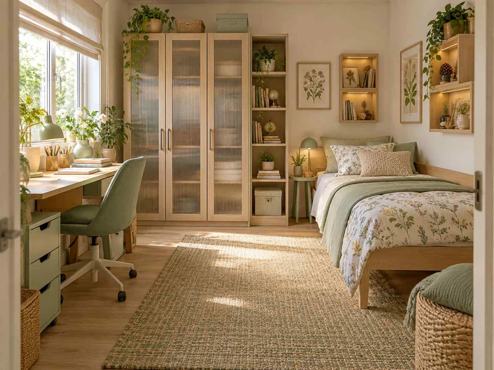 AI concept of a bedroom arranged with a bed, desk and storage furniture, with green accents, foliage and pale cabinetry