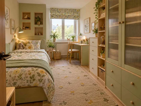 AI concept of a bedroom with cabinetry and shelving along the walls, with green accents, foliage and pale cabinetry