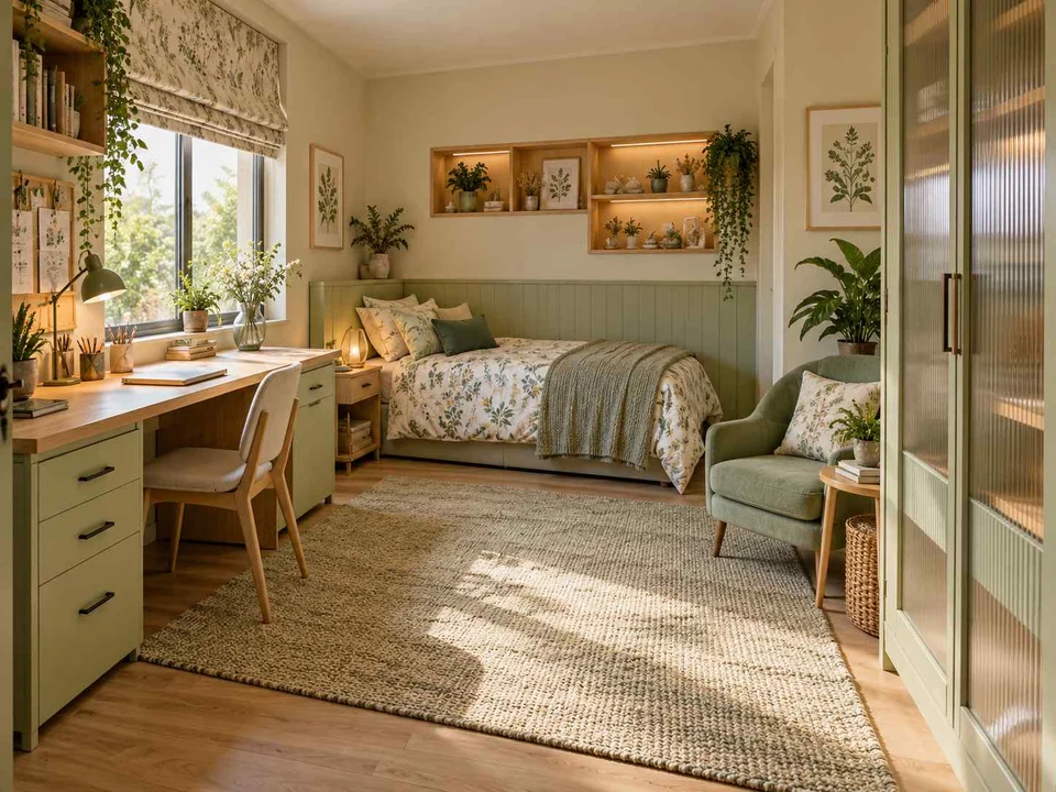 AI concept of a bedroom with desk space, task lighting and nearby storage, with green accents, foliage and pale cabinetry