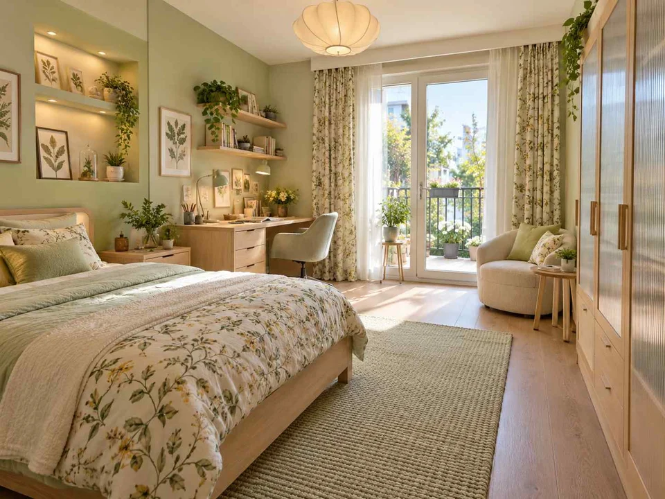 AI concept of a bedroom opening towards full-height glazed doors, with green accents, foliage and pale cabinetry