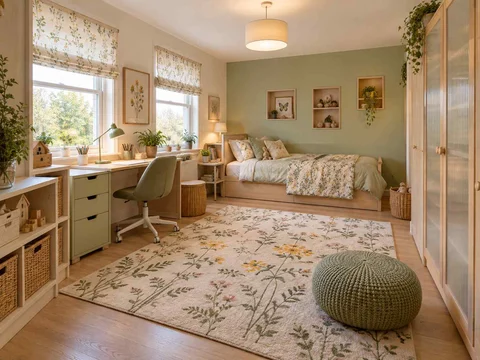 AI concept of a bedroom with a central rug and open floor space for play, with green accents, foliage and pale cabinetry