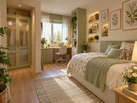 AI concept of a bedroom with a study desk and storage beside the sleeping area, with green accents, foliage and pale cabinetry