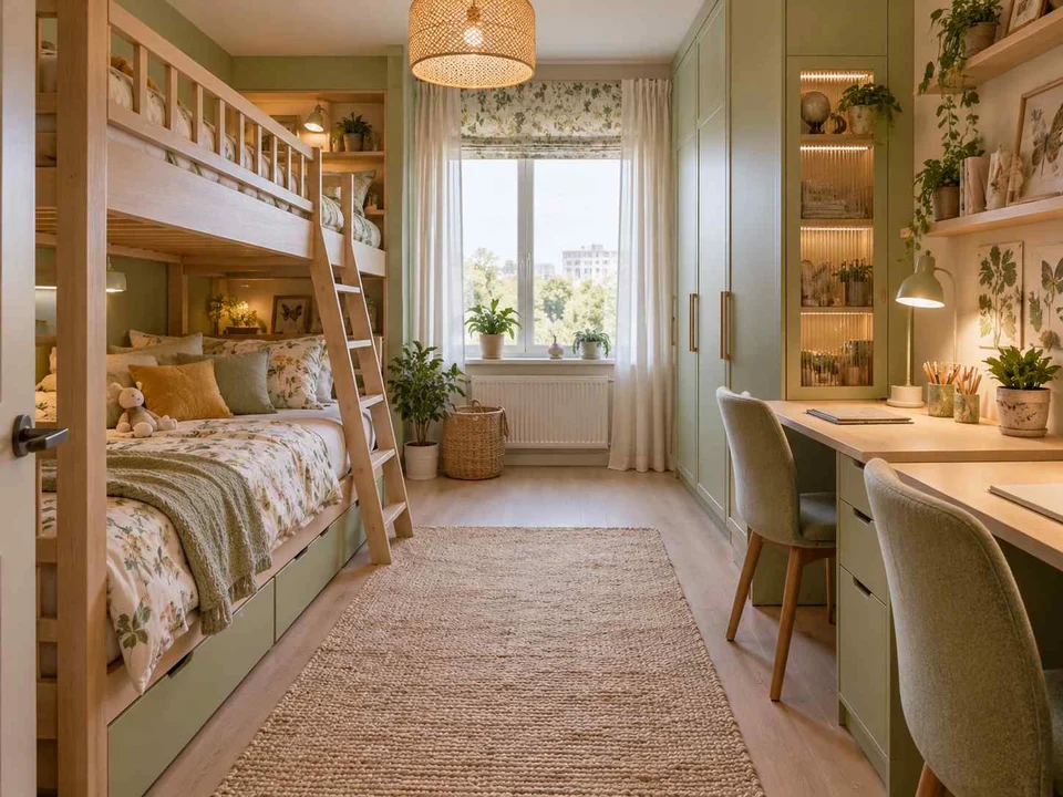 AI concept of bunk beds alongside study furniture and storage, with green accents, foliage and pale cabinetry