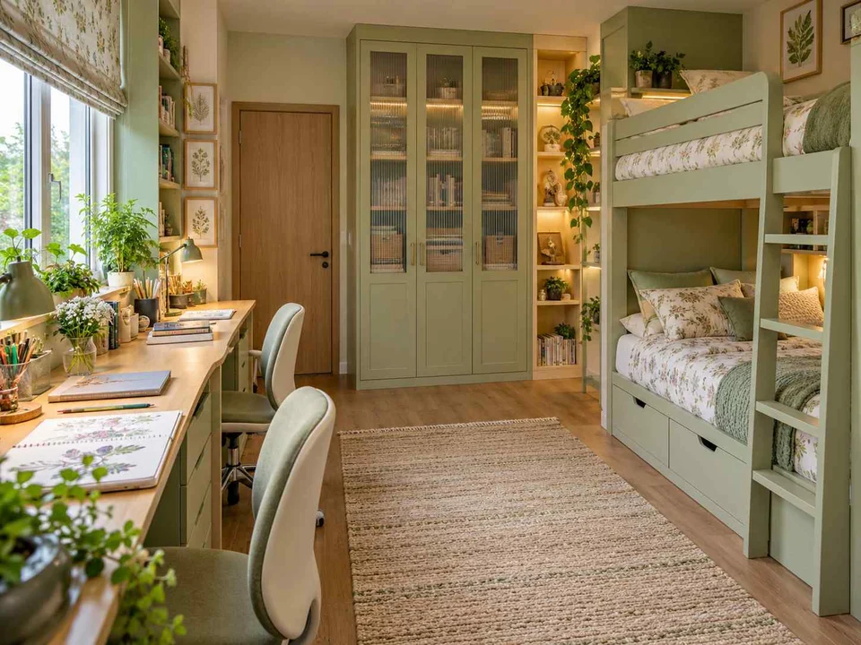 AI concept of bunk beds paired with bookshelves and study space, with green accents, foliage and pale cabinetry