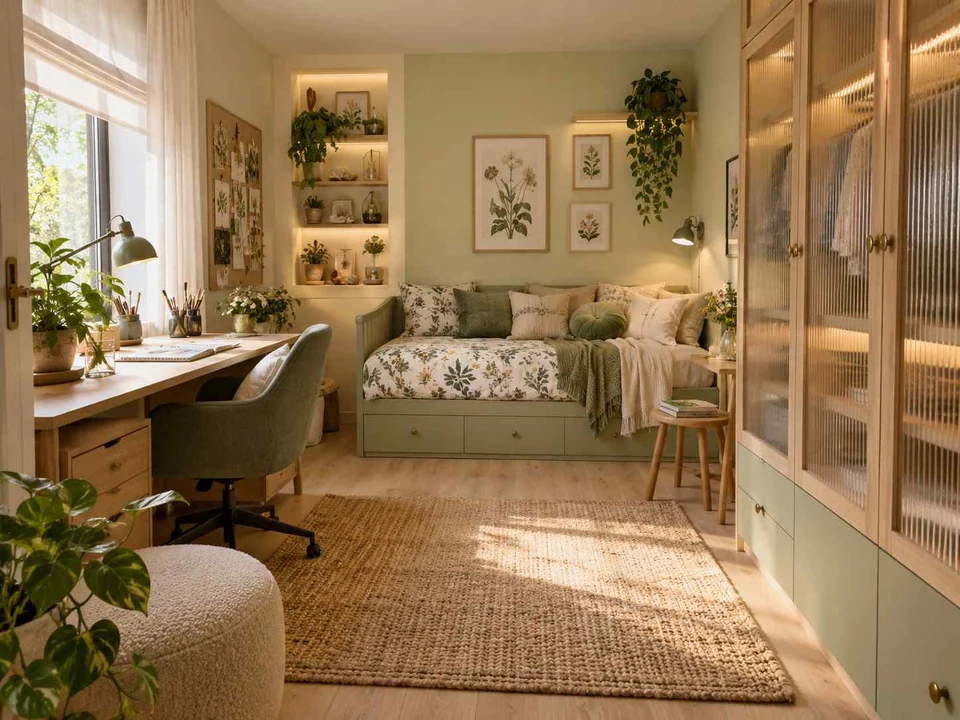 AI concept of a compact bedroom combining a bed, desk and storage, with green accents, foliage and pale cabinetry