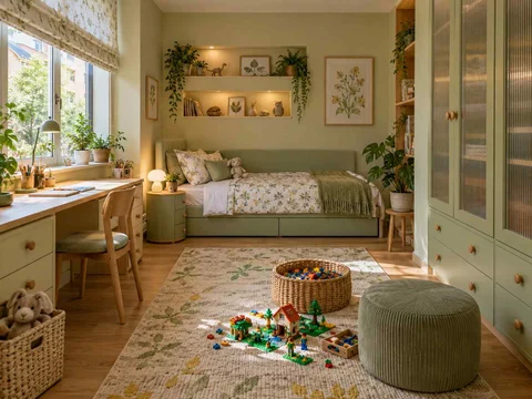 AI concept of a daylit bedroom with space for floor play, with green accents, foliage and pale cabinetry