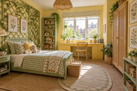 AI concept: a green botanical bedroom with checked bedding, leafy wall pattern and timber furniture