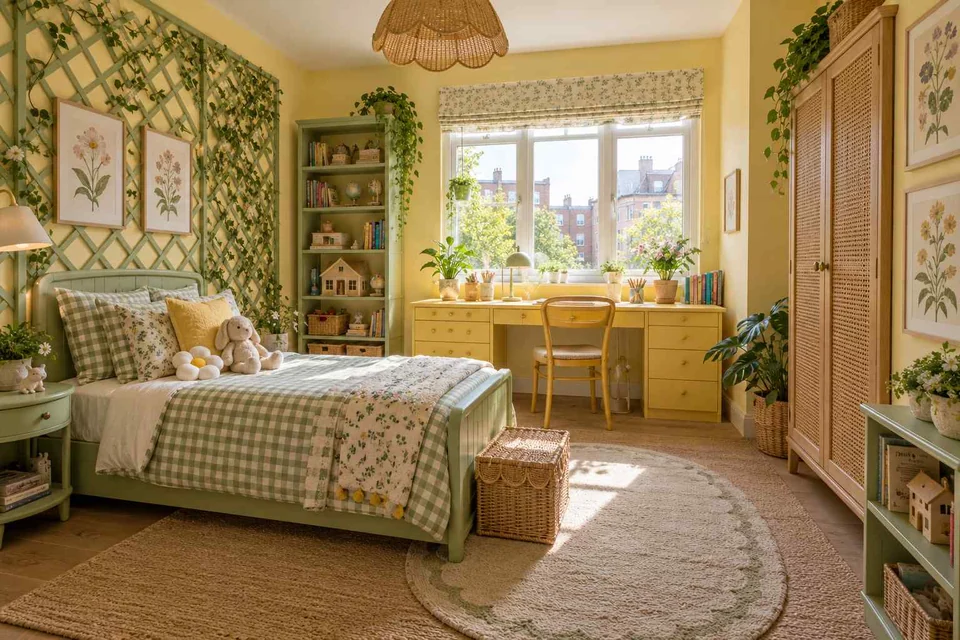 AI concept: a green botanical bedroom with checked bedding, leafy wall pattern and timber furniture