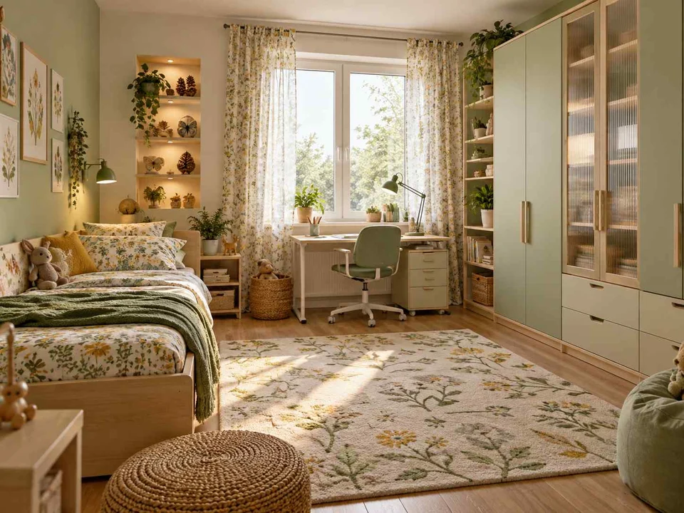 AI concept of a bedroom with a bed, study desk and open central floor space, with green accents, foliage and pale cabinetry