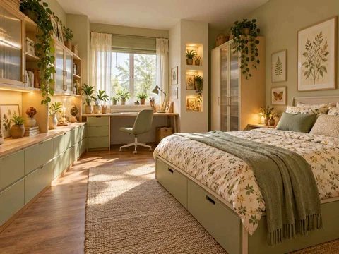 AI concept of a bedroom combining low storage with taller cabinetry or shelving, with green accents, foliage and pale cabinetry