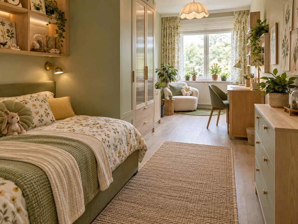 AI concept of a long bedroom with sleeping and study areas arranged along its length, with green accents, foliage and pale cabinetry