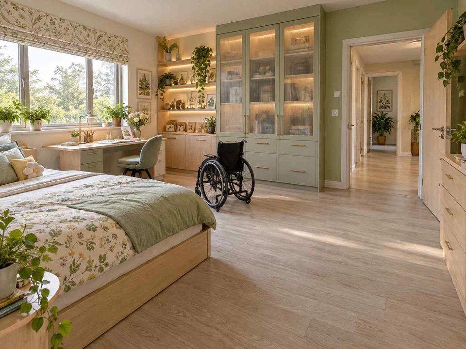 AI concept of a bedroom with an open central floor area and furniture arranged around its edges, with green accents, foliage and pale cabinetry