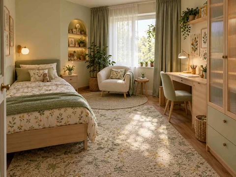 AI concept of a bedroom arranged around sleep, storage and a small sitting area, with green accents, foliage and pale cabinetry