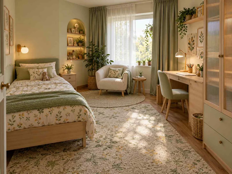 AI concept of a bedroom arranged around sleep, storage and a small sitting area, with green accents, foliage and pale cabinetry