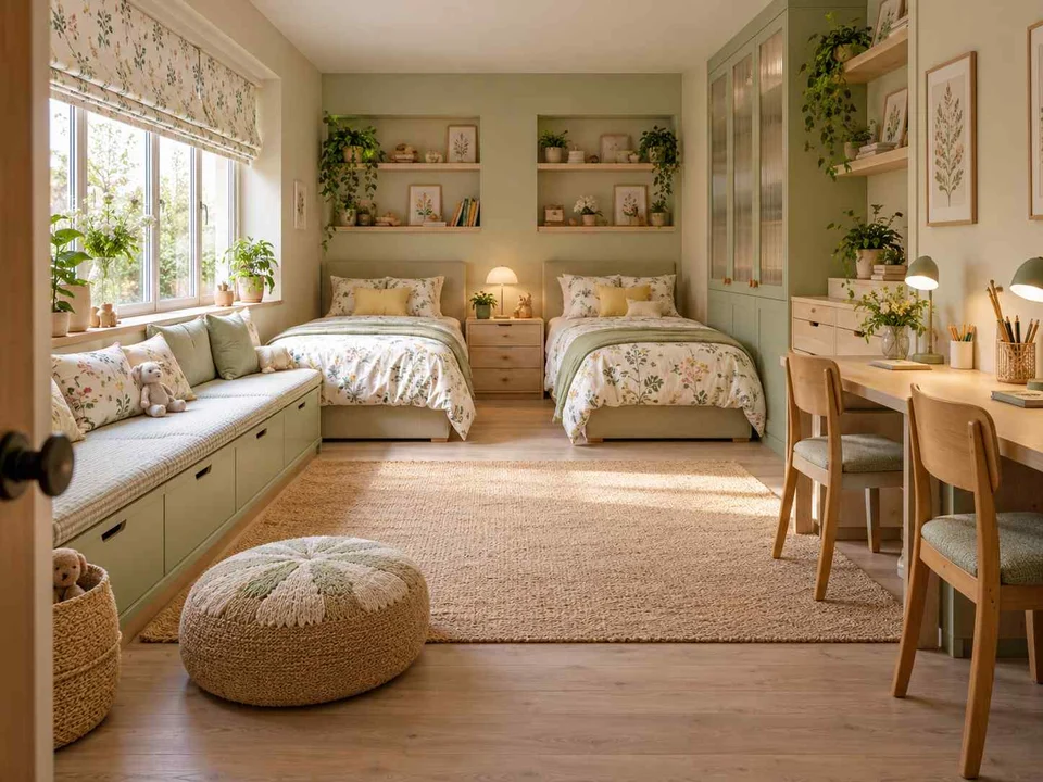 AI concept of a shared bedroom with twin sleeping areas and daylight from the window side, with green accents, foliage and pale cabinetry