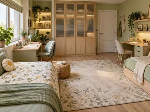 AI concept of a shared bedroom with two sleeping areas and desk space, with green accents, foliage and pale cabinetry