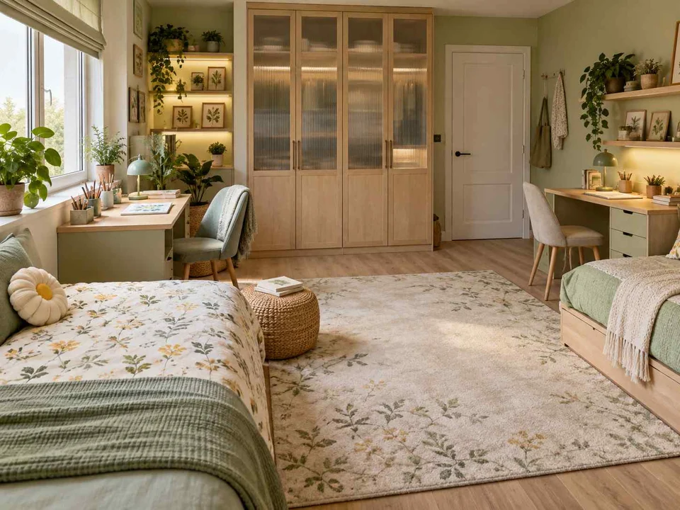 AI concept of a shared bedroom with two sleeping areas and desk space, with green accents, foliage and pale cabinetry
