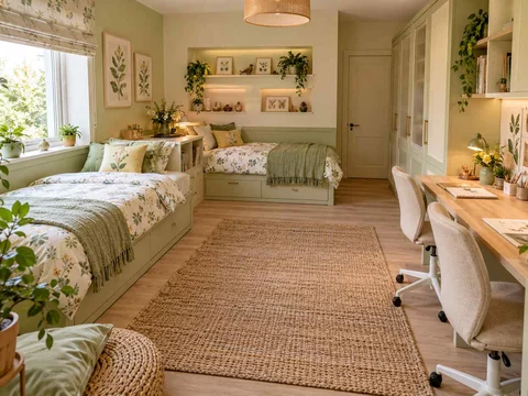 AI concept of a shared bedroom with two sleeping areas and study furniture, with green accents, foliage and pale cabinetry