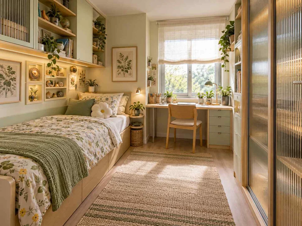 AI concept of a small bedroom with a bed, study furniture and integrated storage, with green accents, foliage and pale cabinetry