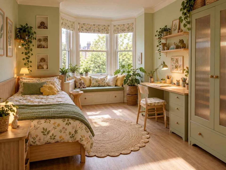 AI concept of a bedroom with a window-side seating area, with green accents, foliage and pale cabinetry