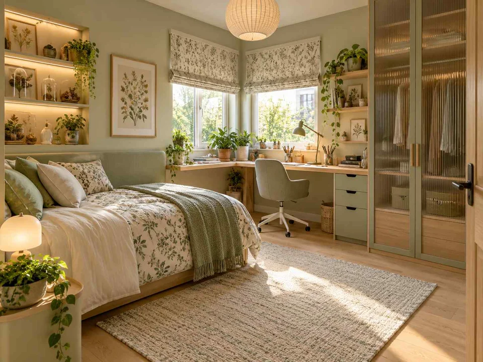 AI concept of a bedroom with a desk positioned near a window, with green accents, foliage and pale cabinetry