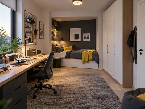 AI concept of a bedroom with a recessed sleeping area and a separate desk, with black-and-white accents with touches of yellow