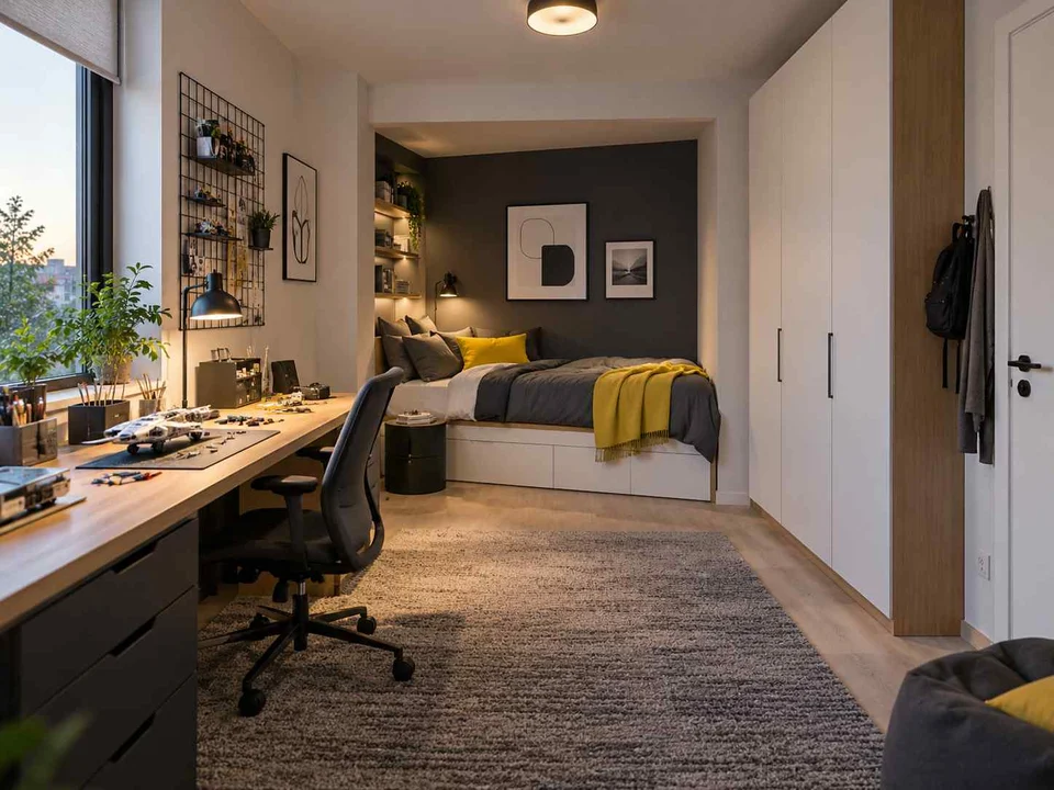AI concept of a bedroom with a recessed sleeping area and a separate desk, with black-and-white accents with touches of yellow