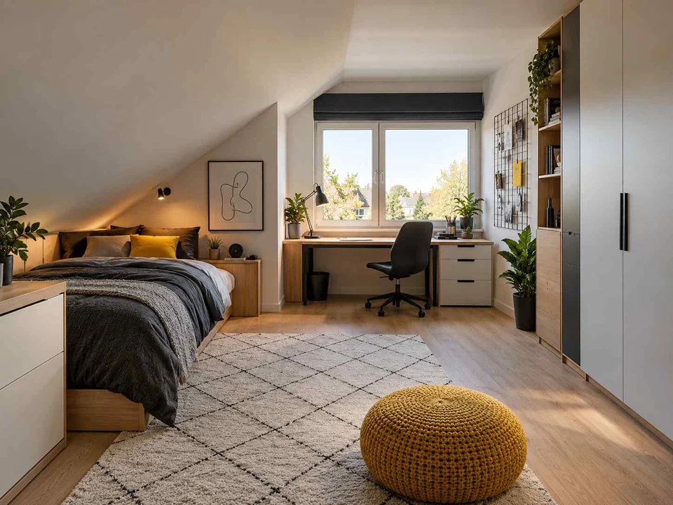 AI concept of a bedroom beneath a sloping ceiling with a bed and desk, with black-and-white accents with touches of yellow