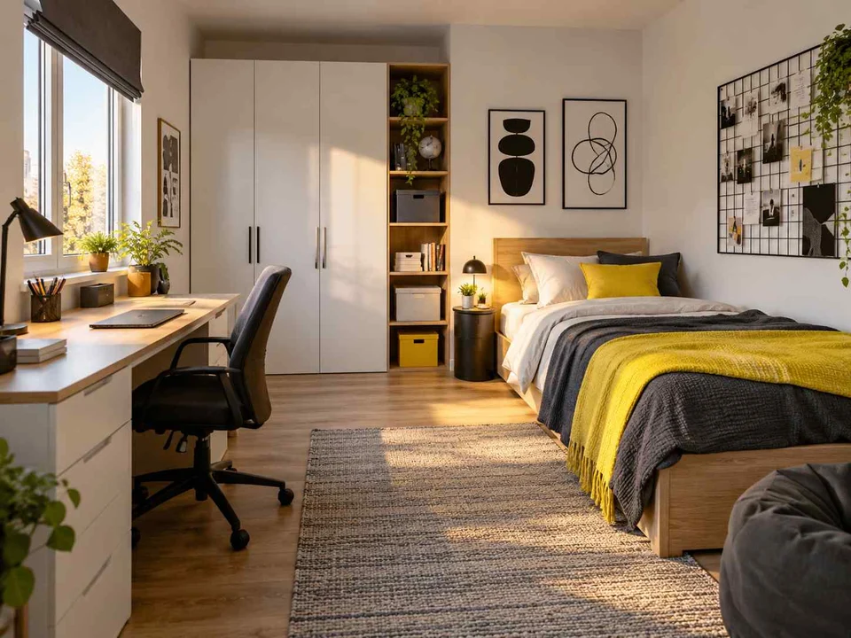 AI concept of a bedroom arranged with a bed, desk and storage furniture, with black-and-white accents with touches of yellow