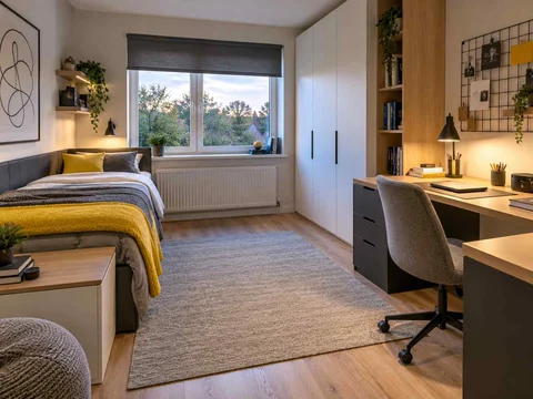 AI concept of sleeping and homework areas within the same room, with black-and-white accents with touches of yellow