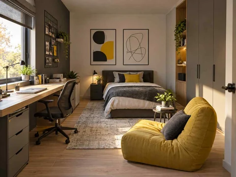 AI concept of a bedroom with desk space, task lighting and nearby storage, with black-and-white accents with touches of yellow