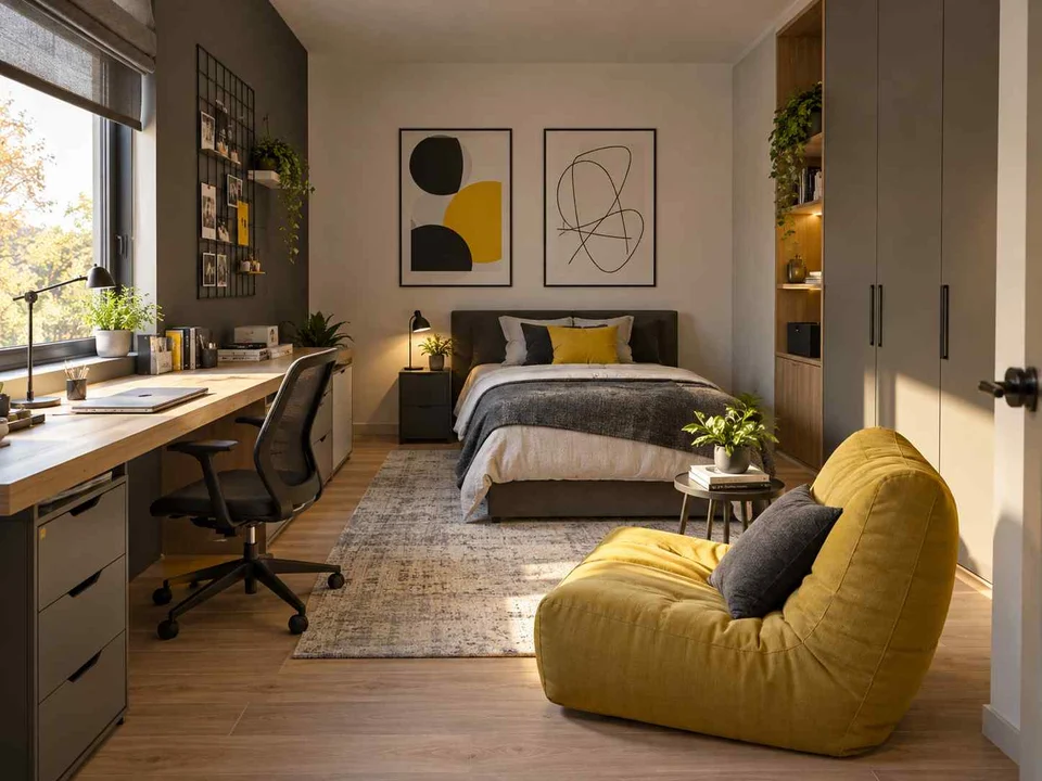 AI concept of a bedroom with desk space, task lighting and nearby storage, with black-and-white accents with touches of yellow