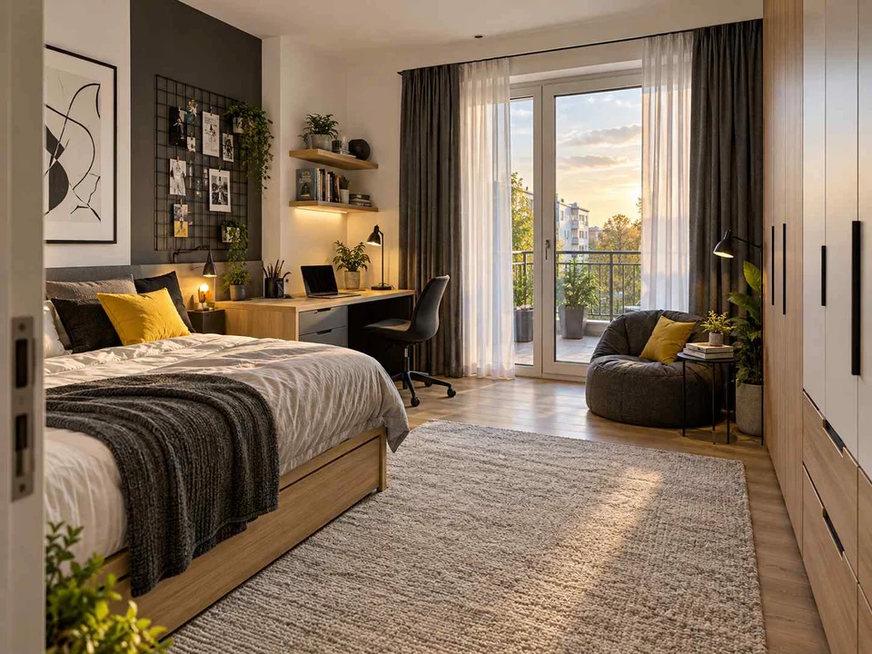 AI concept of a bedroom opening towards full-height glazed doors, with black-and-white accents with touches of yellow
