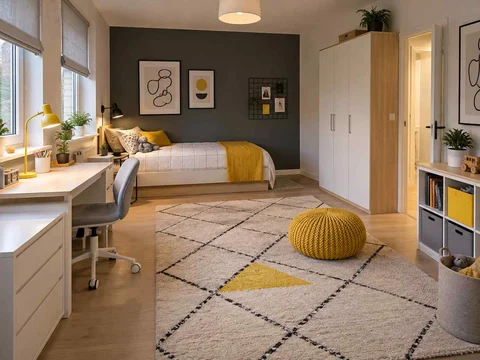 AI concept of a bedroom with a central rug and open floor space for play, with black-and-white accents with touches of yellow
