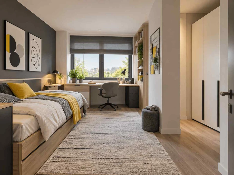 AI concept of a bedroom with a study desk and storage beside the sleeping area, with black-and-white accents with touches of yellow