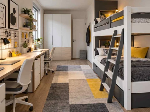 AI concept of bunk beds alongside study furniture and storage, with black-and-white accents with touches of yellow
