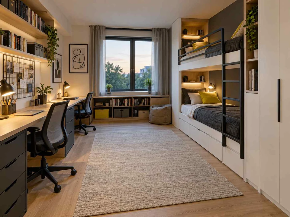 AI concept of bunk beds paired with bookshelves and study space, with black-and-white accents with touches of yellow
