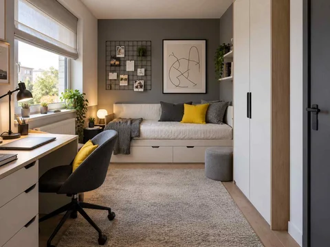 AI concept of a compact bedroom combining a bed, desk and storage, with black-and-white accents with touches of yellow