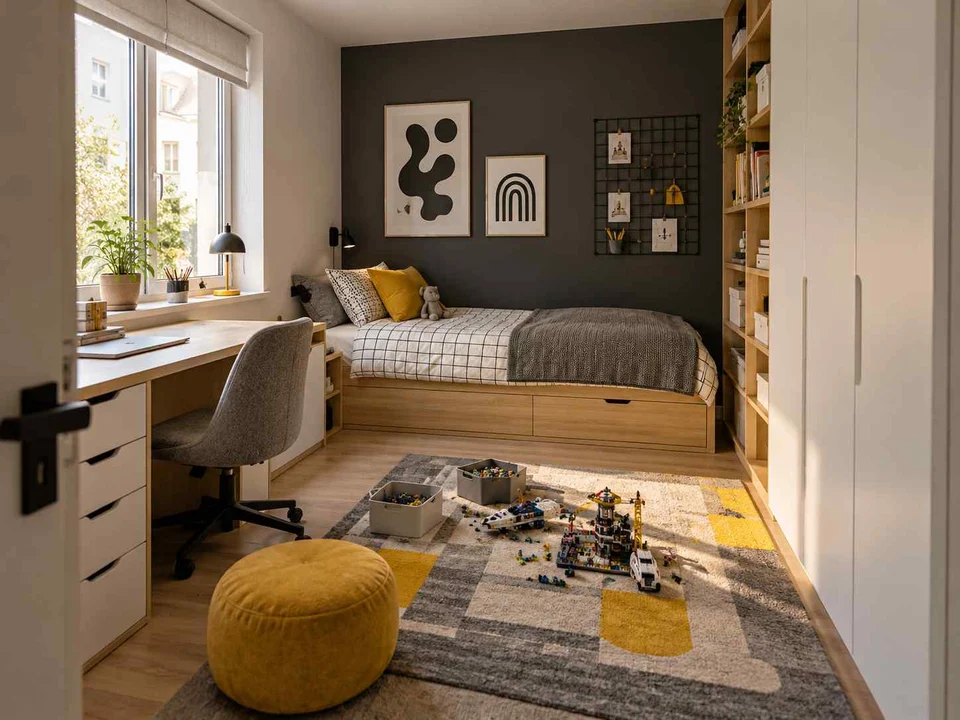 AI concept of a daylit bedroom with space for floor play, with black-and-white accents with touches of yellow