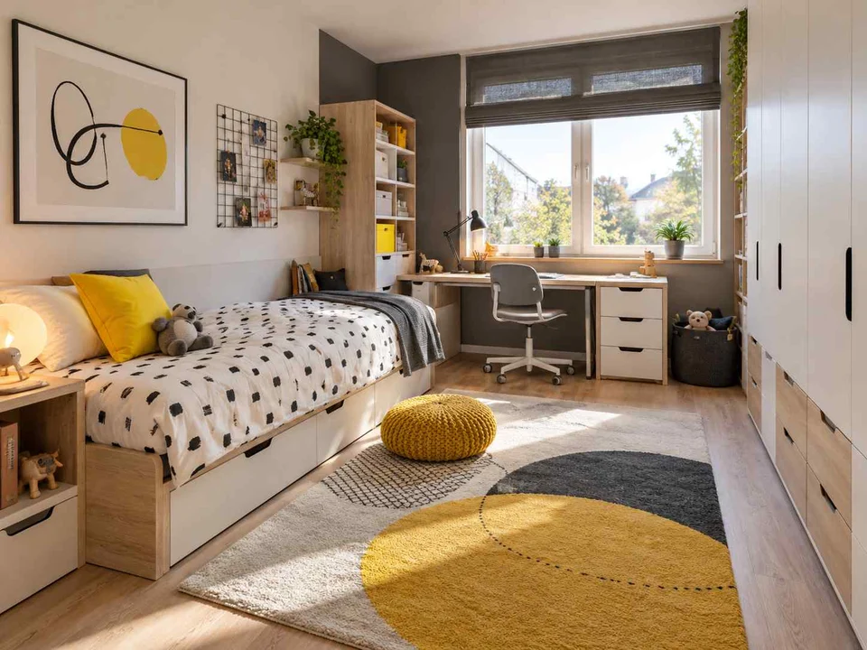 AI concept of a bedroom with a bed, study desk and open central floor space, with black-and-white accents with touches of yellow