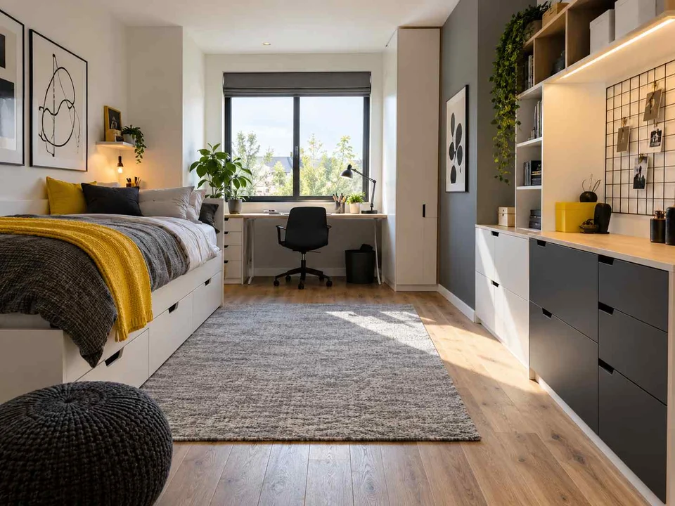 AI concept of a bedroom combining low storage with taller cabinetry or shelving, with black-and-white accents with touches of yellow