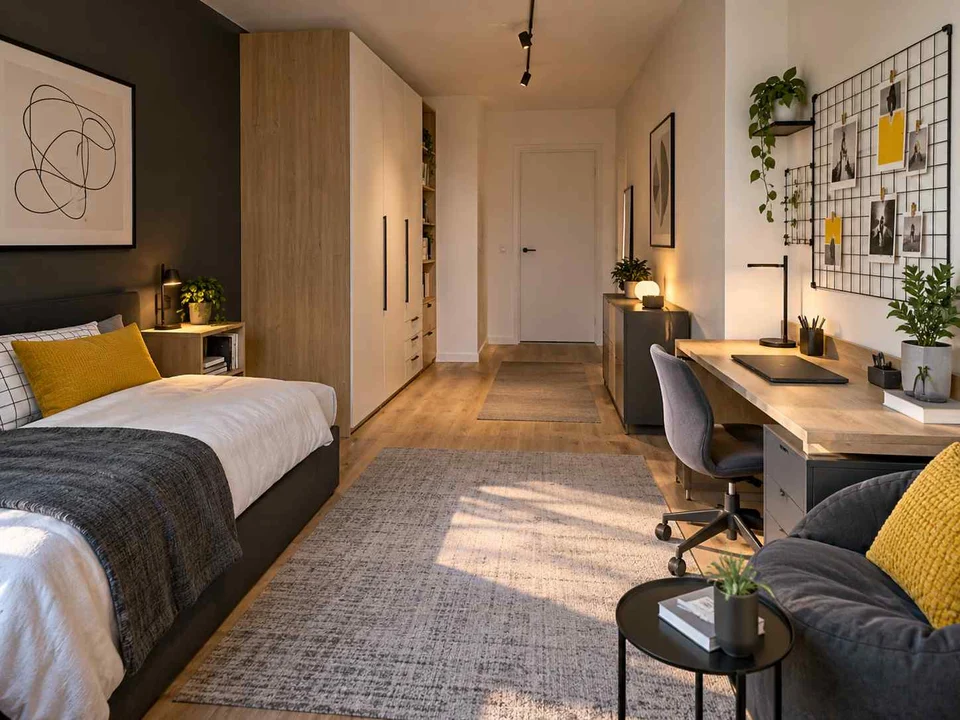 AI concept of a long bedroom with sleeping and study areas arranged along its length, with black-and-white accents with touches of yellow