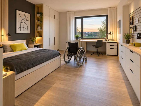 AI concept of a bedroom with an open central floor area and furniture arranged around its edges, with black-and-white accents with touches of yellow